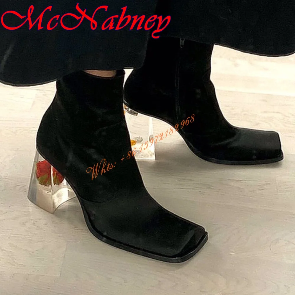 Купи Square Toe Sexy Clear Heels Boots Solid Ankle Women Shoes Flower Chunky High Heels Zipper Party Dress Boots Black Spring Design за 5,300 рублей в магазине AliExpress