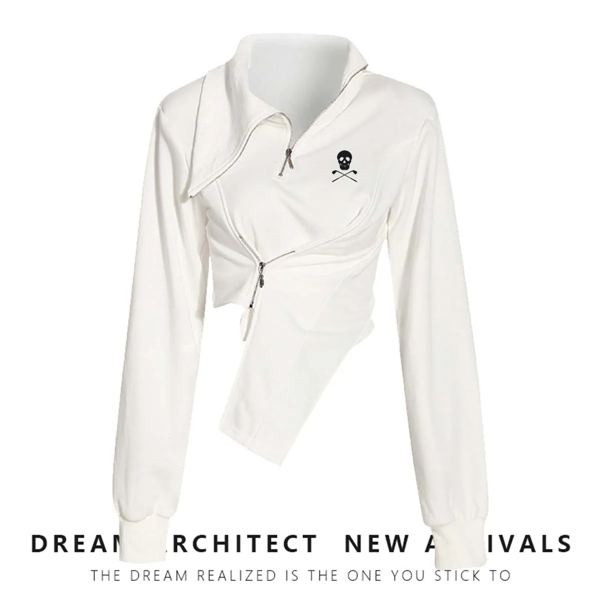 2023 Fashion Design Women Golf Diagonal Zipper High Neck Irregular Spring Autumn Slim Long Sleeve Sweater Top Wear