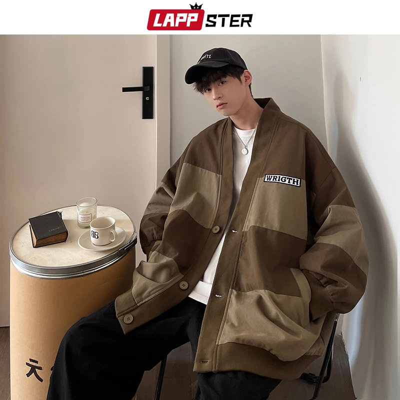 

LAPPSTER Color Bloack Korean Fashion Baseball Jacket Button Patchwork Jackets Coats Men Loose New In Outerwears Baseball Uniform