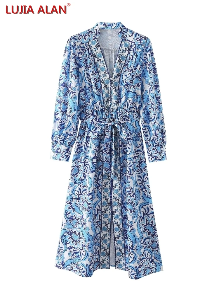 

New Women's Floral Printing Splicing V-Neck Belt Long Sleeve Casual Loose Midi Dress LUJIA ALAN WD916