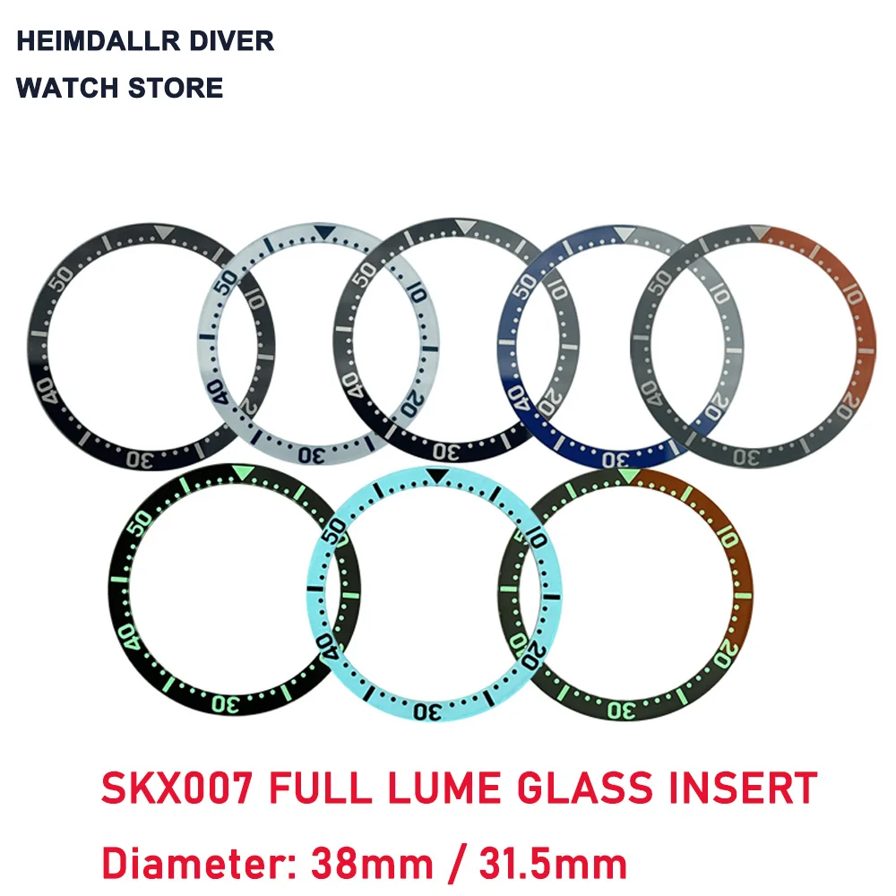 Watch Modify Parts 38mm/31.5mm SKX007/009 Full Luminous Glass Bezel Insert Kit Fits SKX Diver Watch Case