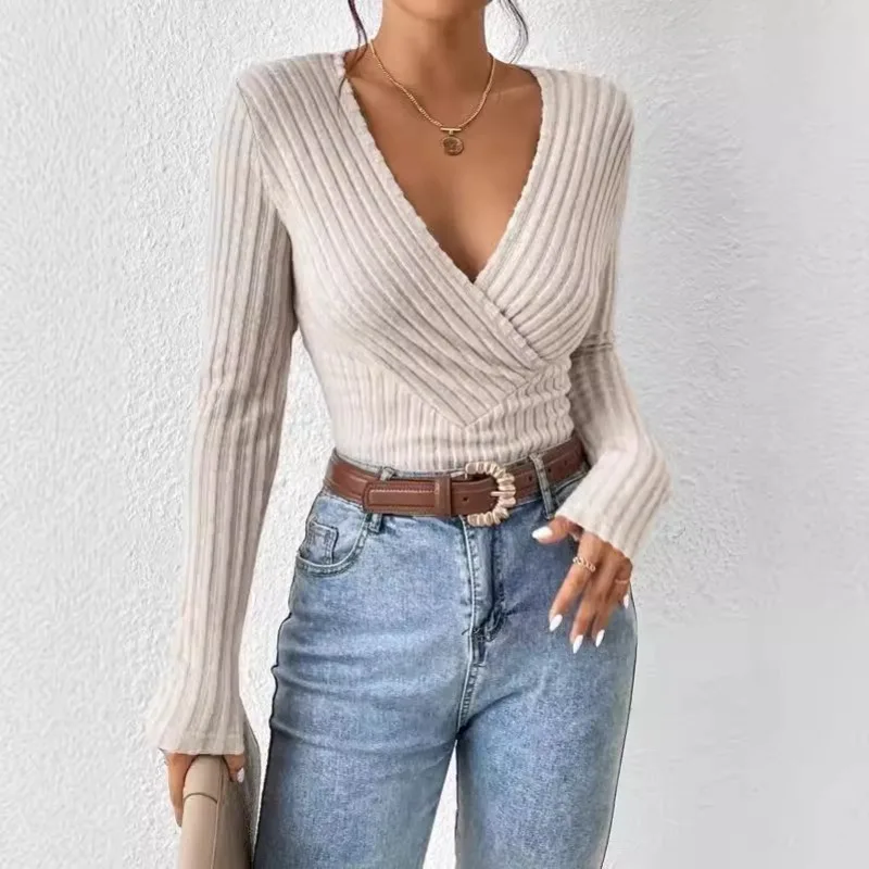 Высококачественные европейские полосатые рубашки с v-образным вырезом и