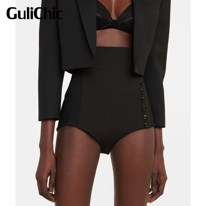 

6.11 GuliChic Women Fashion Black High Waist Button Fly Slim Casual Shorts