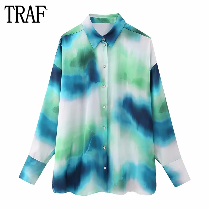 

TRAF Tie Dye Women Shirt Oversize Long Shirt Women Summer 2023 Button Up Shirt Woman Long Sleeve Shirts and Blouses for Women