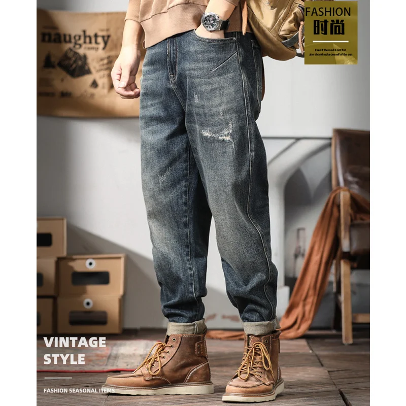 Streetwear Men Vintage Loose Blue Jeans 2022 Autumn and Winter New Pattern Fashion Straight Cylinder Trousers Female Cargo Pants