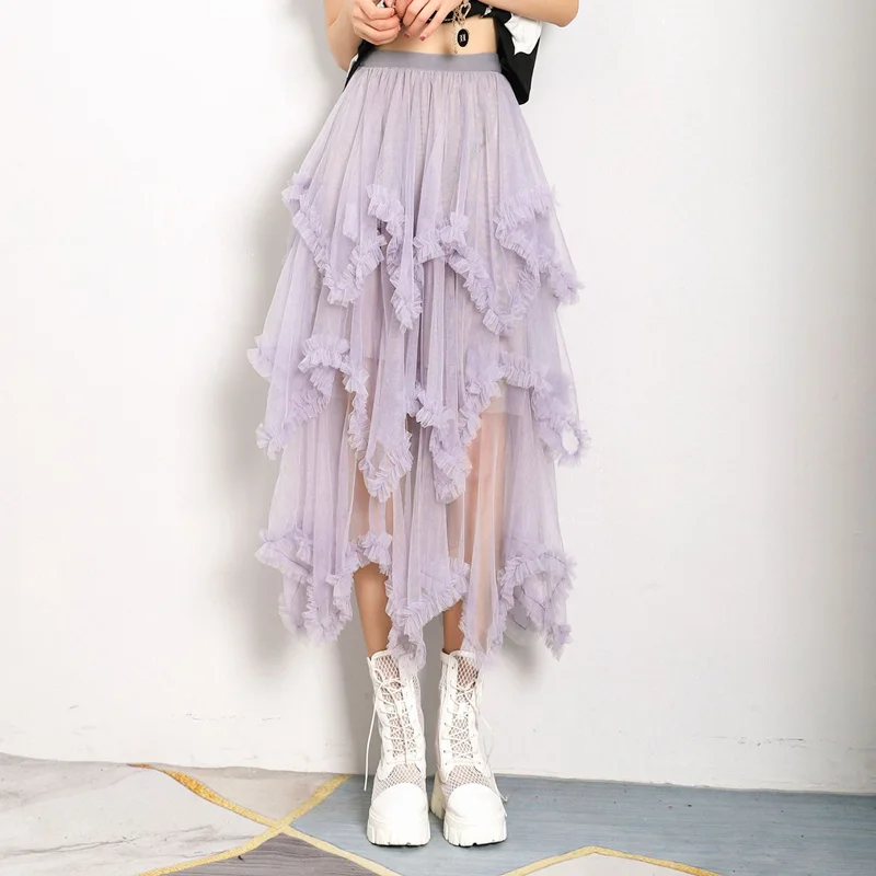 

Женская Асимметричная фатиновая юбка, модная эластичная юбка с высокой талией, многослойная сетчатая юбка-пачка со складками, розовая длин...