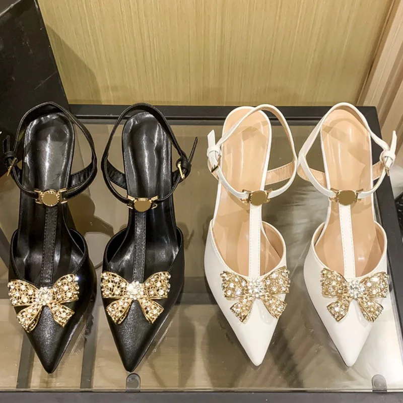 

Baotou sandals women's 2021 autumn new style rhinestone bow pointed toe shallow mouth stiletto heels all-match women's shoes