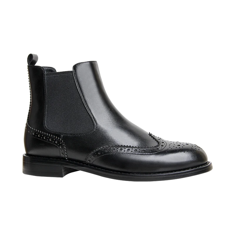 

Chelsea Boots Women Cow Leather Brogue Fretwork Round Toe Elastic Slip On Ladies Flat Heel Shoes Handmade British Style Fashion