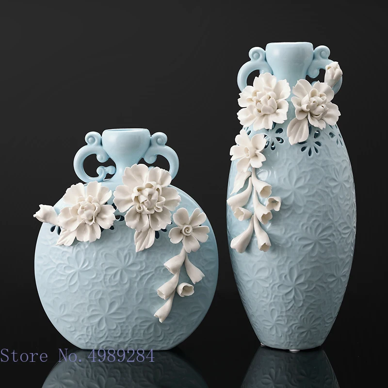 

Ceramic Vase Embossed Flowers Retro Chinese Handle Flower Vase Flower Arrangement Accessories Home Decoration Wedding Vases