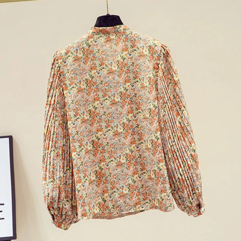 Женская шифоновая блузка с цветочным принтом плиссированным рукавом |