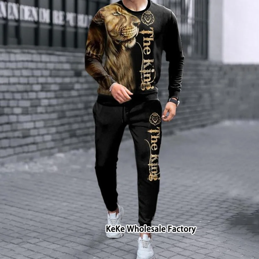 Summer Man Tracksuit Fashion Tiger Lion 3D Printed Long Sleeves Tshirts +Trousers 2piece Sets Male Jogging Outfits Streetwear