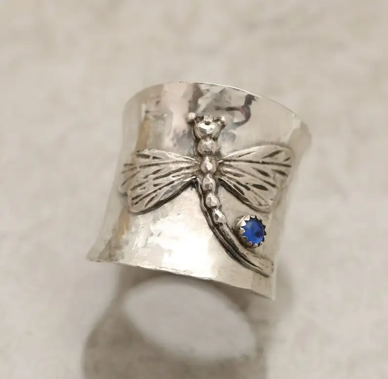 

Dragonfly Rings For Women, Wide Silver Ring Boho, Thumb Rings For Mom, Nature Jewelry