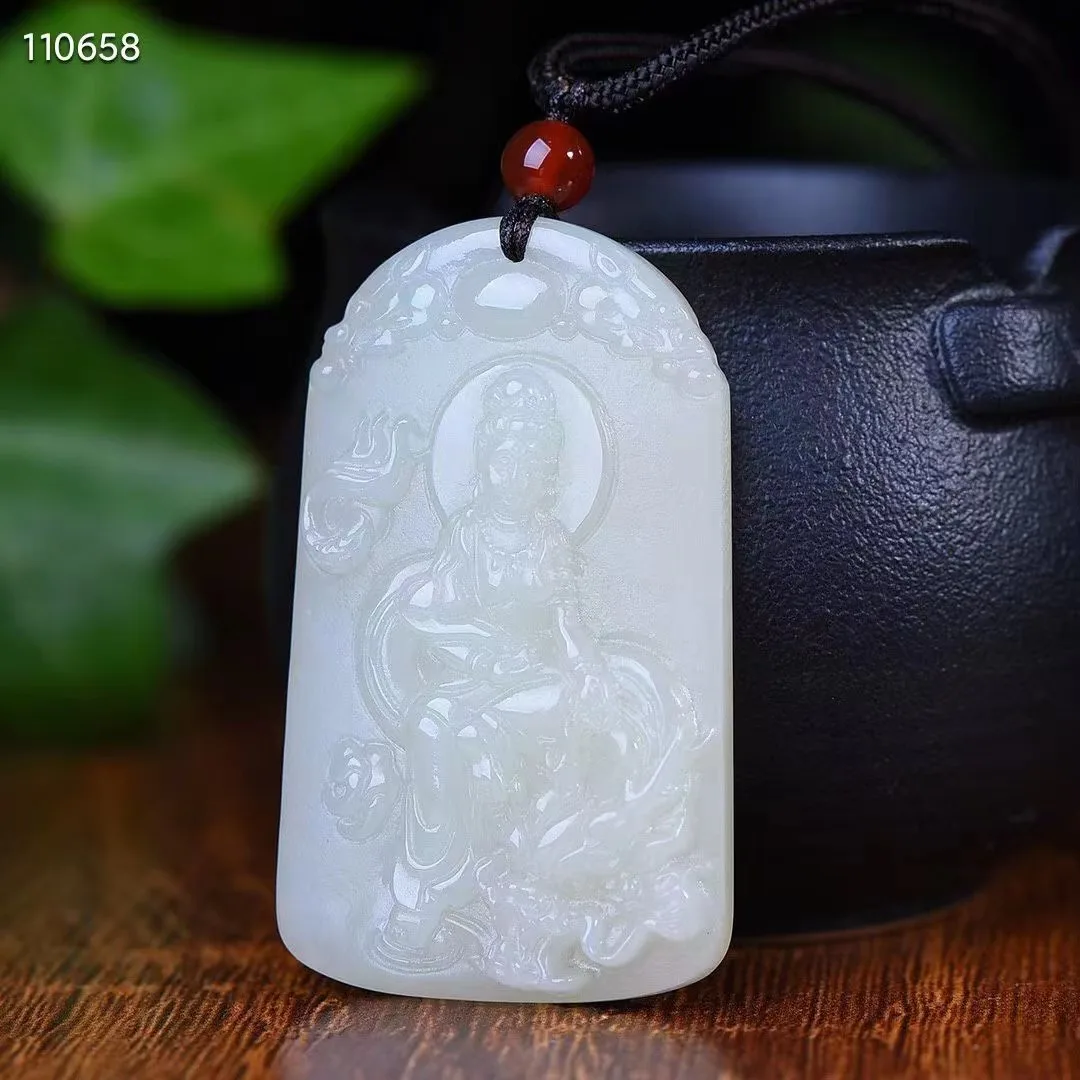 

Natural100% real white hetian jade carve Dragon Guanyin Bless peace pendant jewellery Handle piece for men woman gifts good luck