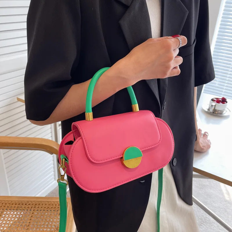 

Fashion Contrast Pu Leather Women Handbag Small 2022 New Female Messenger Bags Branded Design Metal Button Shoulder Bags Totes
