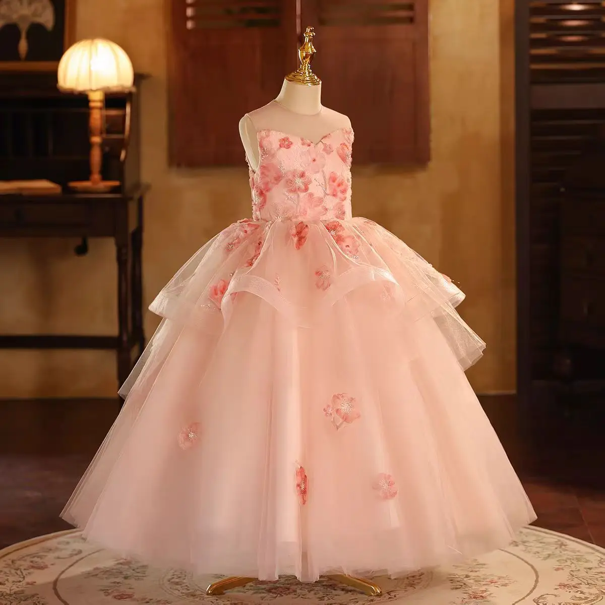 Фото Dreamy Vow D189 Розовое элегантное платье с цветочным узором для девочек с 3D цветами Юбка трапециевидной формы принцессы для дня рождения, свадьбы, дня чести №2