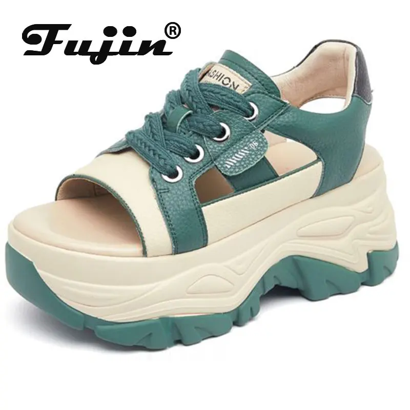 

Fujin 7.5cm Genuine Leathe Slippers Lace Up Hollow Multicolor Peep Toe Sandals Platform Wedge Ladies Women Summer Slides Shoes