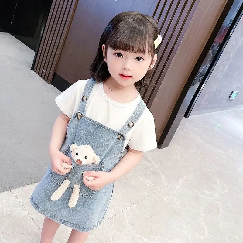 

Girls Denim Suspender Skirt Suit New Little Girl Dress Children Baby Suspender Skirt T-shirt 2-piece Children's Clothes Suit