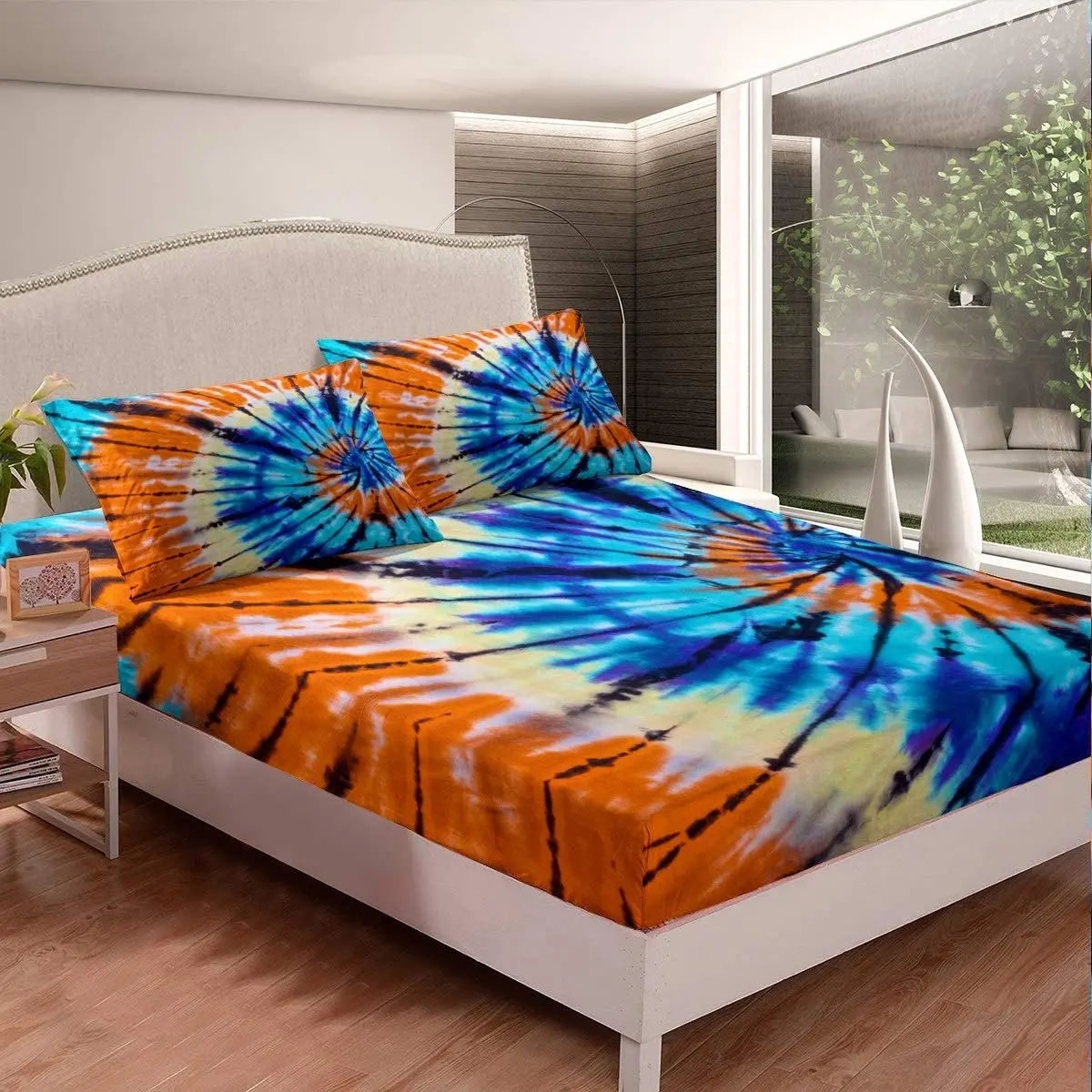 

Tie Dye Bedding Set Boho Psychedelic Fitted Sheet Hippie Tie Dye Bed Sheet Set Breathable Bohemian Gypsy Bed Cover Room Decor