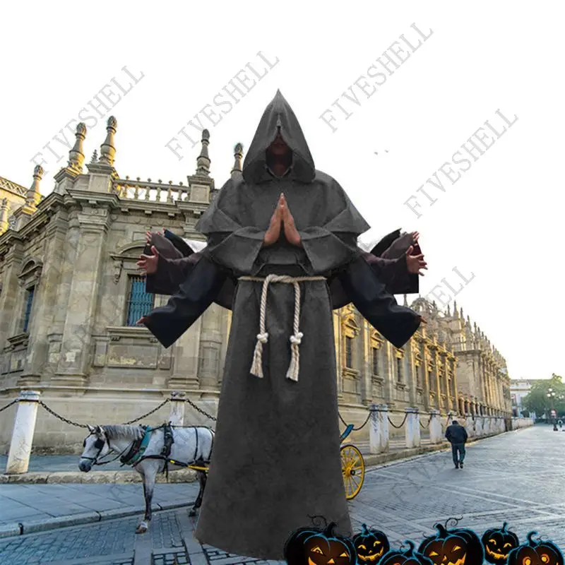 

2023 New Unisex Halloween Robe Hooded Cloak Costume Medieval Cosplay Monk Suit Adult Role-playing Decoration Clothing