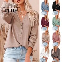 womens autumn new lapel half open buttons loose casual long sleeve tops summer solid color retro womens shirts versatile tops
