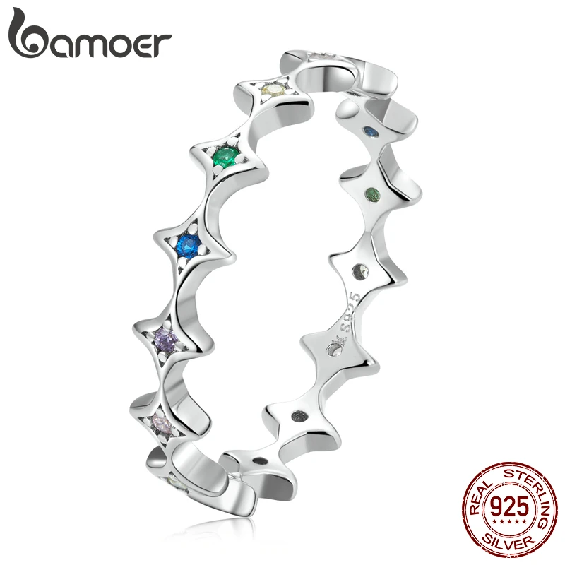 

Bamoer 925 Sterling Silver Rainbow Zirconium Star Ring for Women Geometric Design Ring Size 6 7 8 Fine Jewelry Wedding Gift