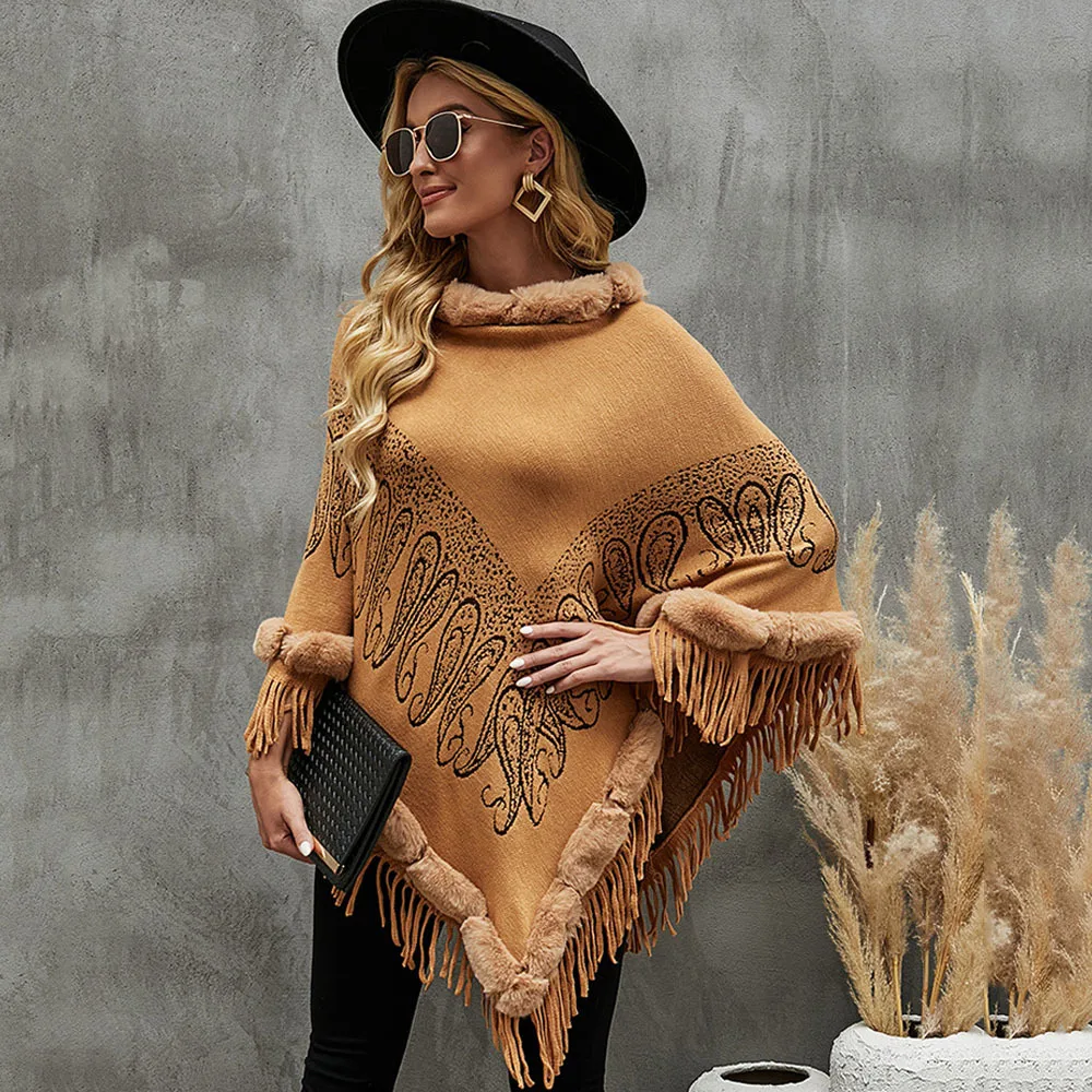 

Inverted Triangle Fur Scarf Collar Winter Poncho Women Bohemian Oversized Knitted Sweater Capes Hairy Furry Tassel Wraps Cloak