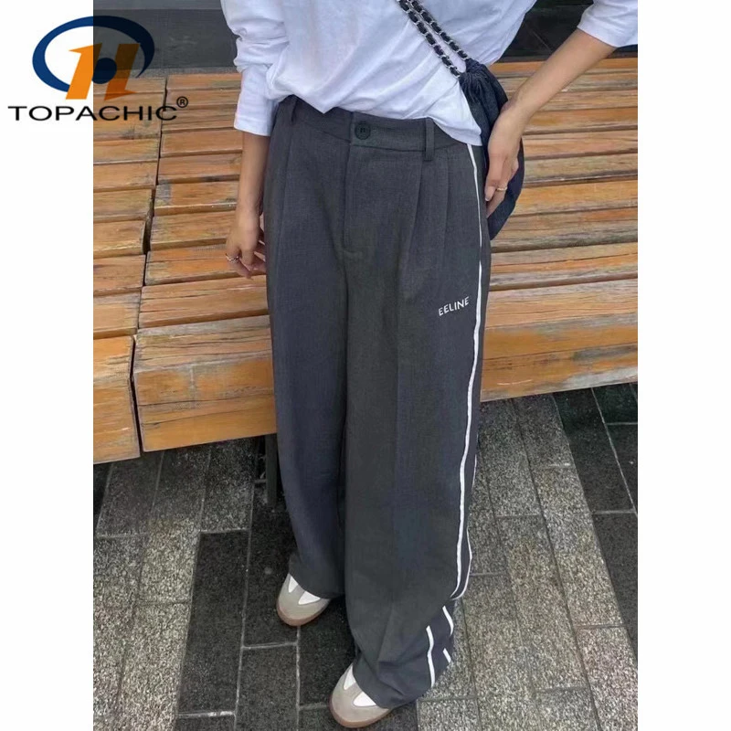 

10.26 High Quality Side White Patchwork Striped Letter Embroidery High Waist Loose Wide Leg Pants Women