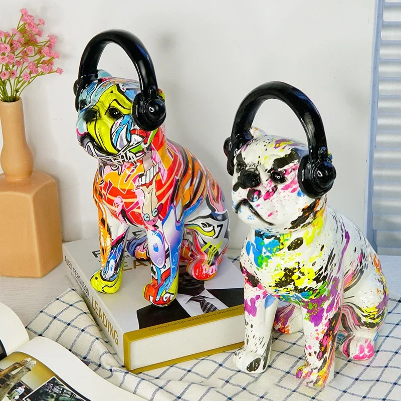 

Graffiti Dog Sculptures Color Full Bulldog Statue Pop Modern Art Figurines for Interior Shelf Home Rack Decoration Accessories