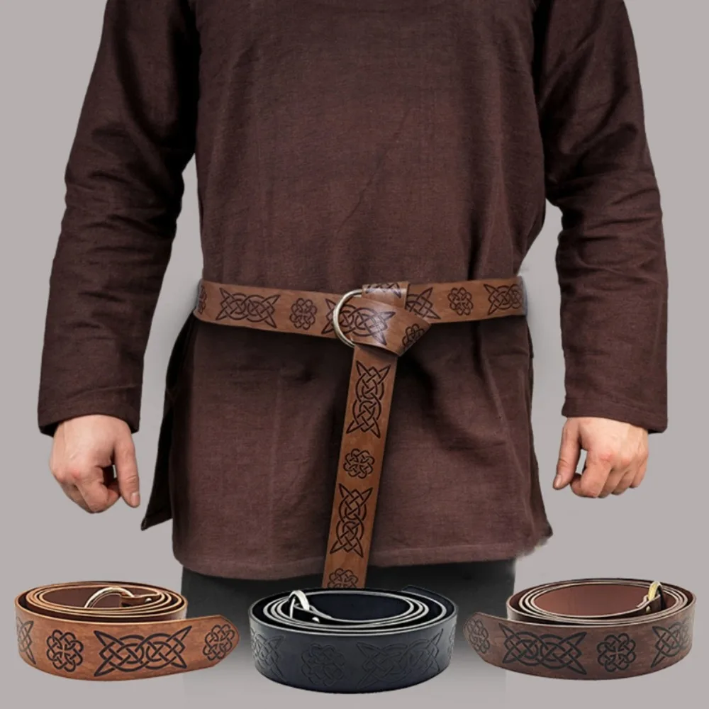 Cosplay Retro Casual Medieval Embossed Leather Belt Viking Vegvisir Pants Bands O Ring Buckle Waistband Knight Belts