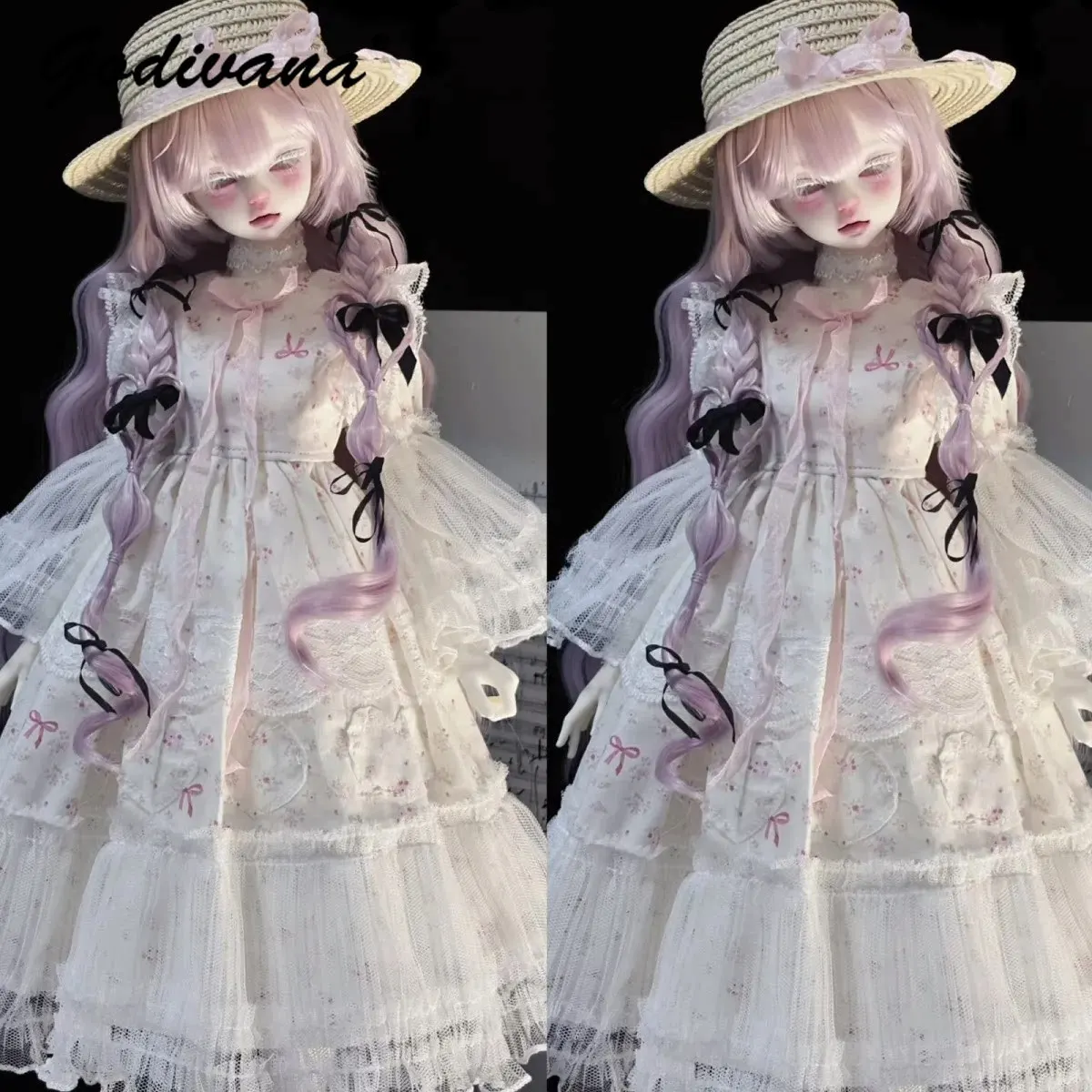 Фото Наряд для куклы BJD 1/4: милое платье в стиле лолита с цветочным кружевом, пышными рукавами и рюшами, с соломенной шляпой, одежда для кукол с телом Nannan. №1