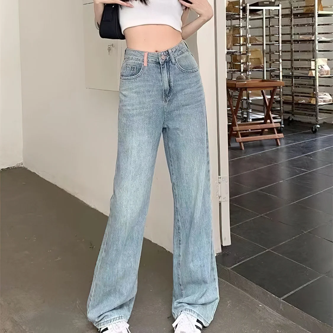 

Pants Women, Mom Jeans Baggy Light Blue Loose-fitting High-waisted, with Embroidered Tassels, Y2k Straight-leg Trousers with Pin