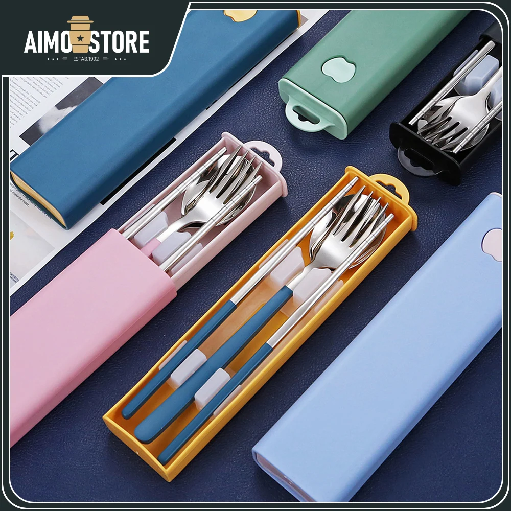 

3pcs cutlery set student Korean-style spoon, chopsticks and fork portable combination Japanese-style pull-out portable cutlery
