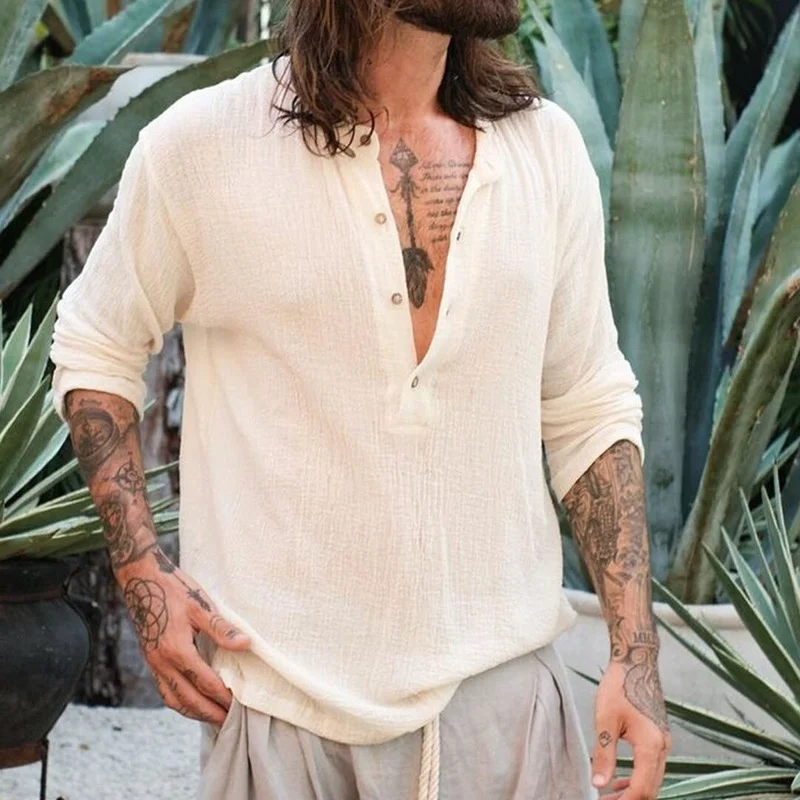 Men Shirt Top Summer Solid Color Loose Pullover Shirt Men Long Sleeve Single-Breasted Stand Collar Shirt Cotton and Linen Shirt