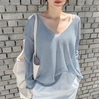 female outside wearing ultra thin air conditioning hoodie tops ice silk knitwear women lazy wind loose long sleeved pullover pop