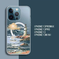 hand painted lighthouse print bird seagull transparent magsafe magnetic magnet phone case for for iphone 13 12 11 pro max mini