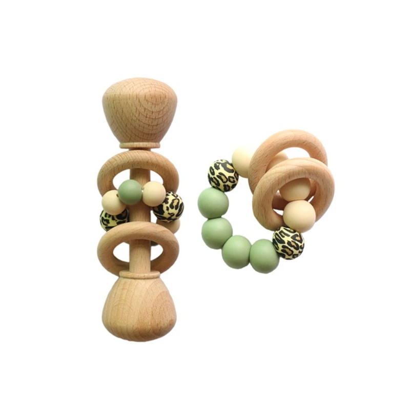 

2 Pcs/Set Baby Bracelet Teething Soother Silicone Beads Wooden Rattle Teether Educational Montessori Molar Toys Newborn Infants