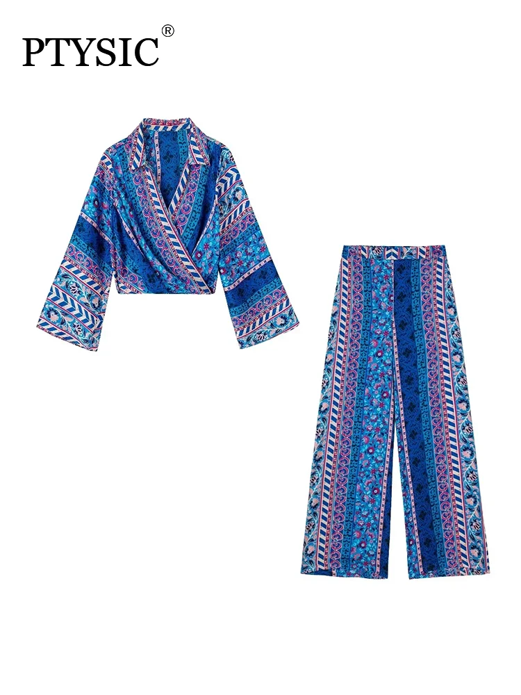 

Fashion Women Blue Printed Shirt With A Satin Finish Wrap Neck Cropped Blouse High Waist Wide Leg Pants Sets For Holiday
