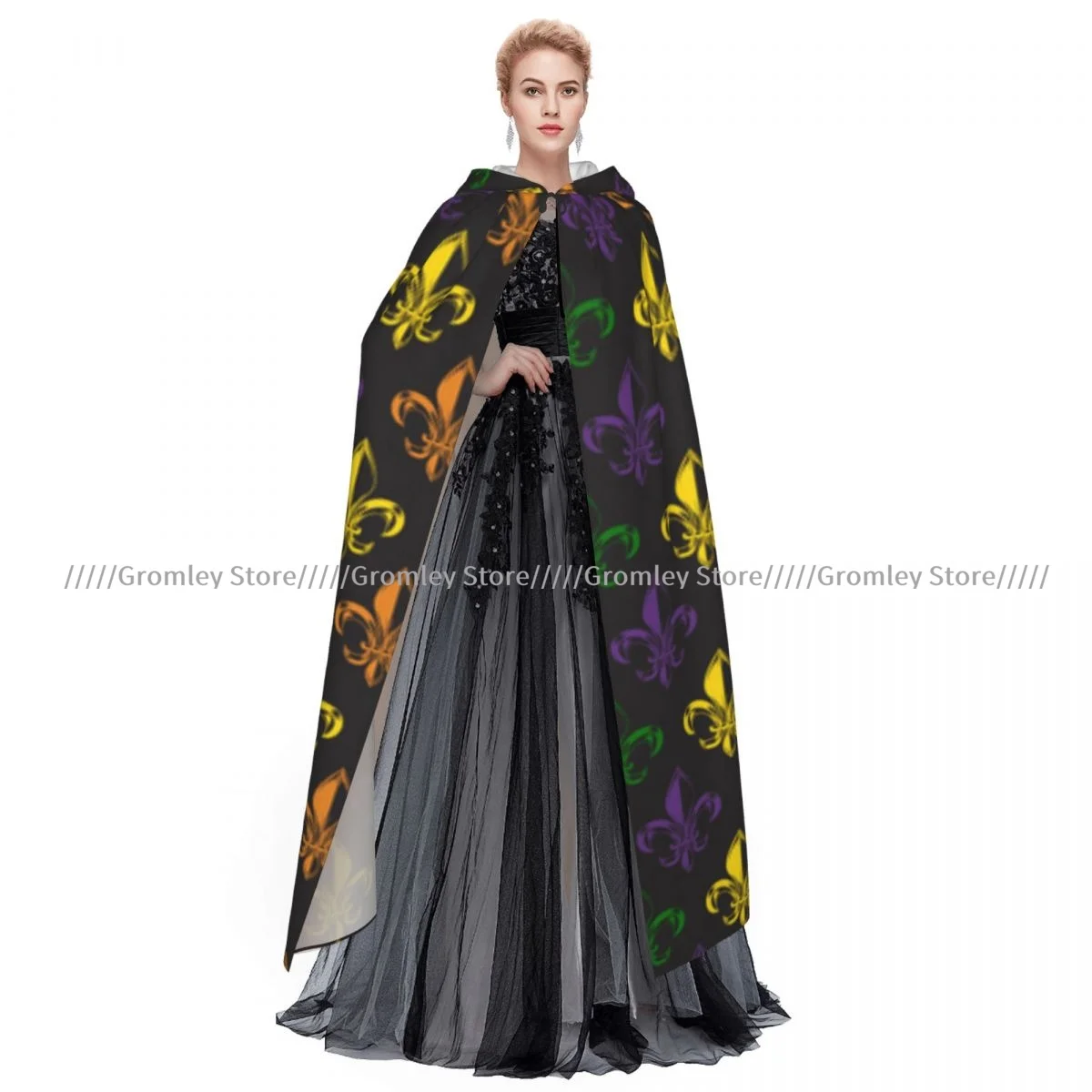 Medieval Halloween Cosplay Cloak Hooded Coat Mardi Gras Carnival Pattern Cape Long Trench Costume Wizard