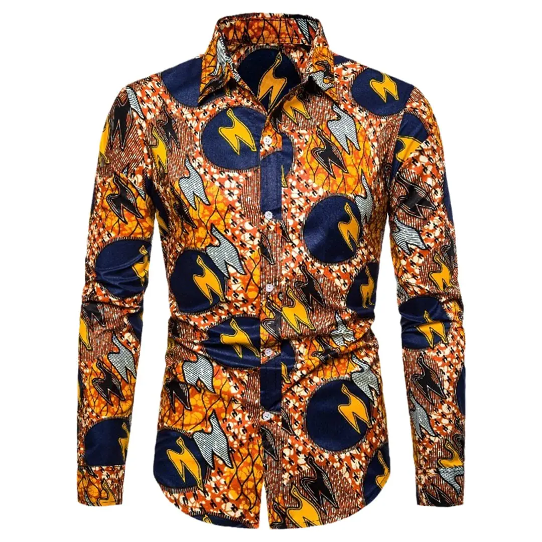 Фото Mens African Print Dress Shirts Cause and Effect Pattern Button Press Long Sleeve Shirts Mens African Long Sleeve Shirts №4