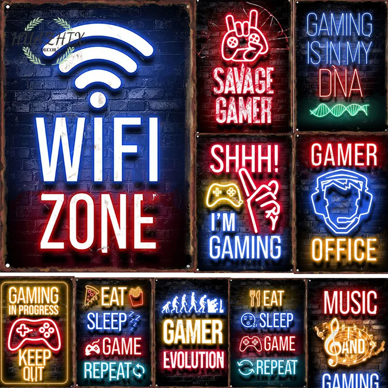 

Gamepad Vintage Metal Tin Sign Poster Neon Light Glow Lettering Decorative Game Room Wall Art Plaque Modern Home Decor Aesthetic
