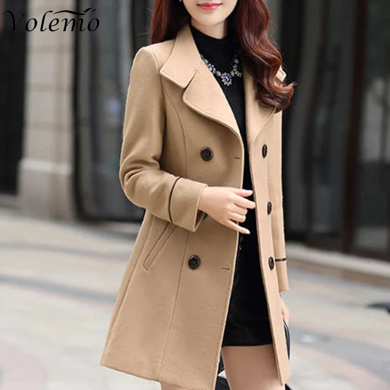 Plus Size Autumn Winter Jacket Womens Double Breasted Solid Color Coat Korean Slim Female Woolen Jacket Womens
