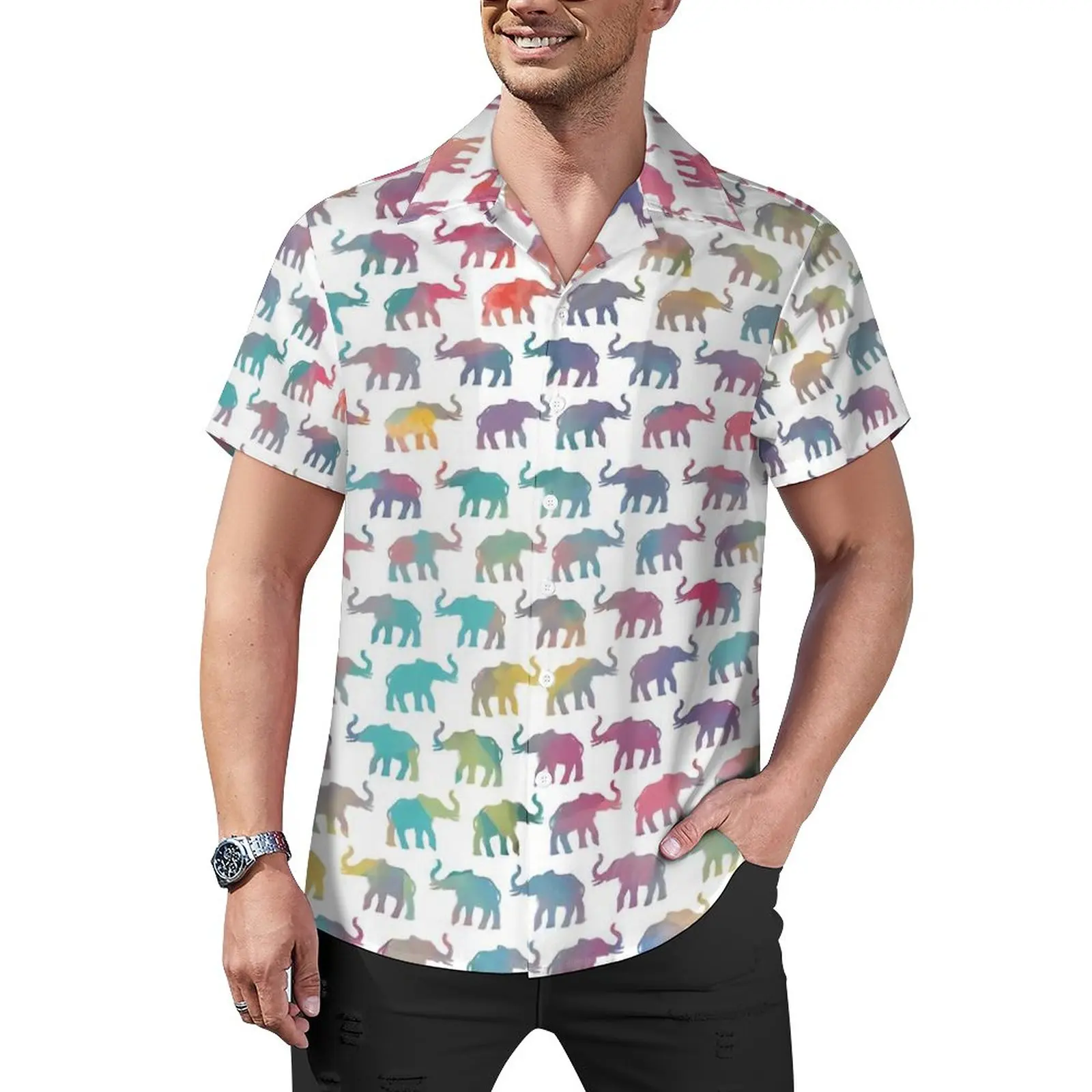 

Elephant Beach Shirt Elephants on Parade in Hawaiian Casual Shirts Men Trending Blouses Short Sleeve Graphic Clothing Plus Size