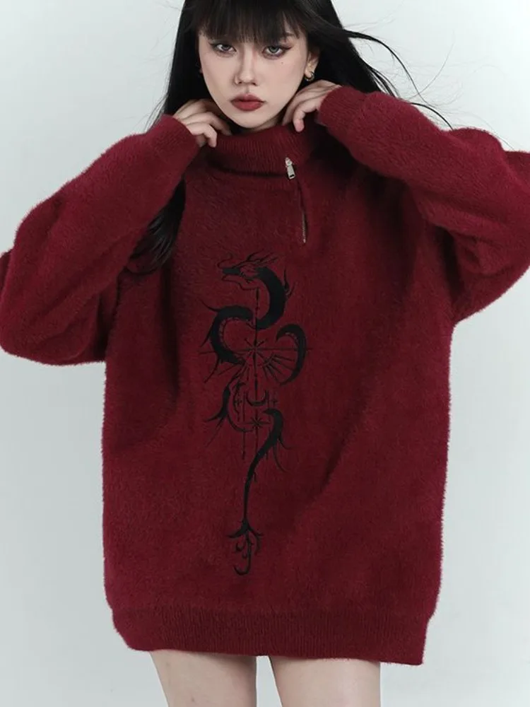 Женский свободный свитер на молнии красный Повседневный пуловер с винтажным