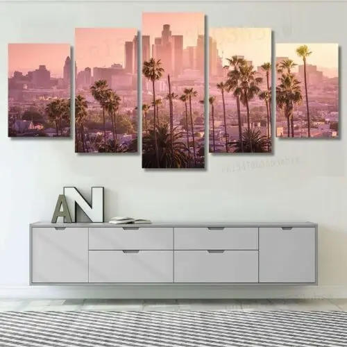 

Sunset Los Angeles Downtown Skyline 5 Piece Canvas Print Wall Art Home Decor HD Print Poster No Framed Room Decor 5 Panel