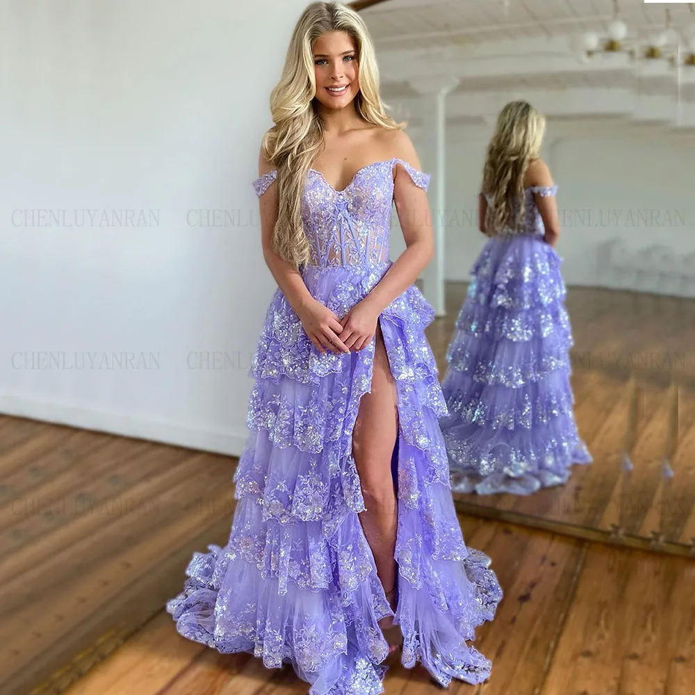 

Модные официальные платья сиреневого цвета, модель 2023 года, милое фатиновое платье-трапеция с многоярусной аппликацией, вечернее платье