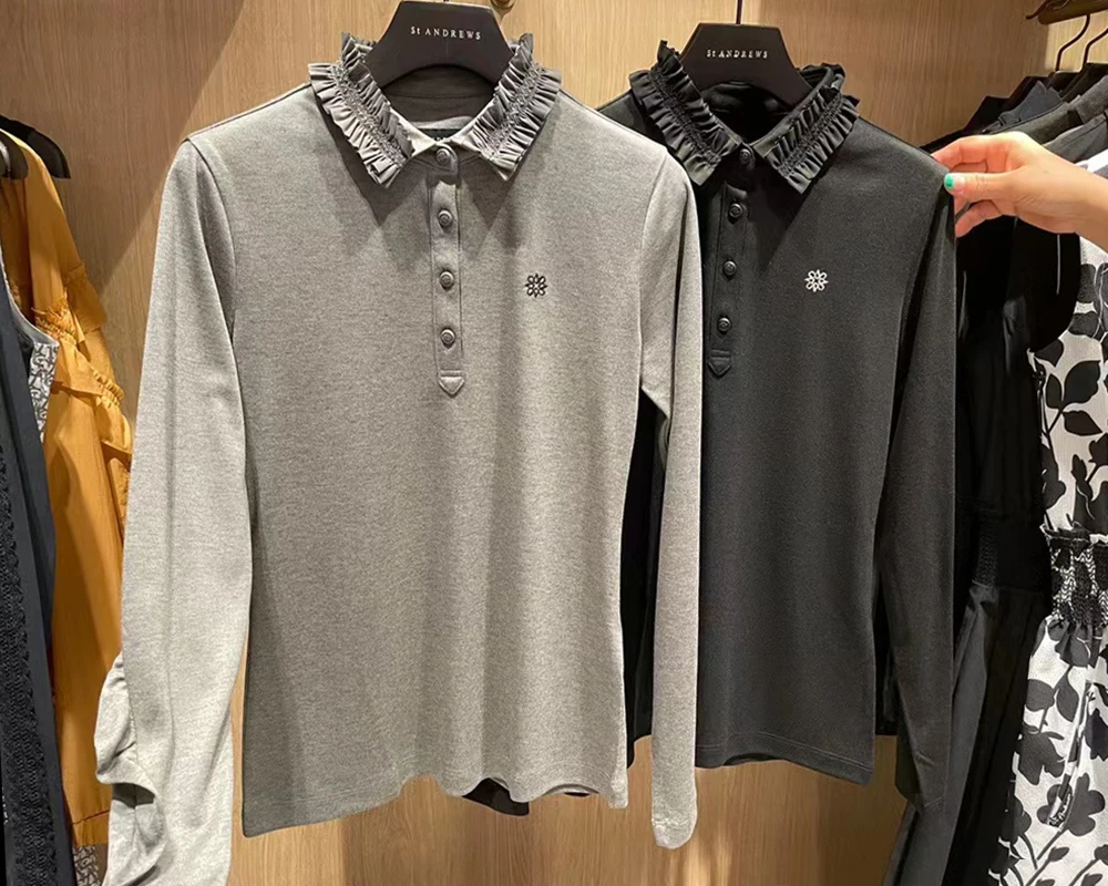 

Женская одежда для гольфа, новые осенние рубашки-поло с длинными рукавами, стильные высококачественные спортивные футболки с волнистым воротником и деревянными ушками, модель w12195