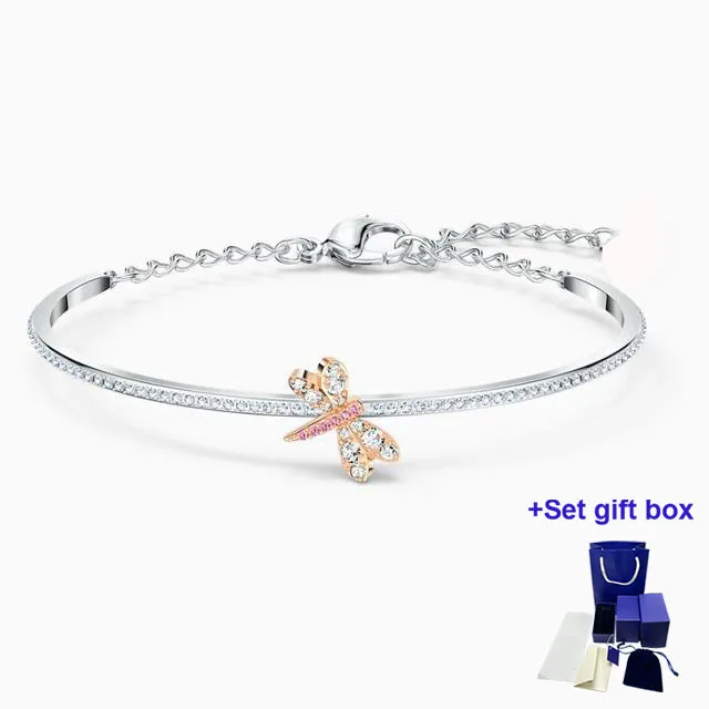 

Высококачественный модный браслет с подвесками SWA, Браслет С вечными цветами, стрекоза, изысканная Подарочная коробка розового цвета, беспл...