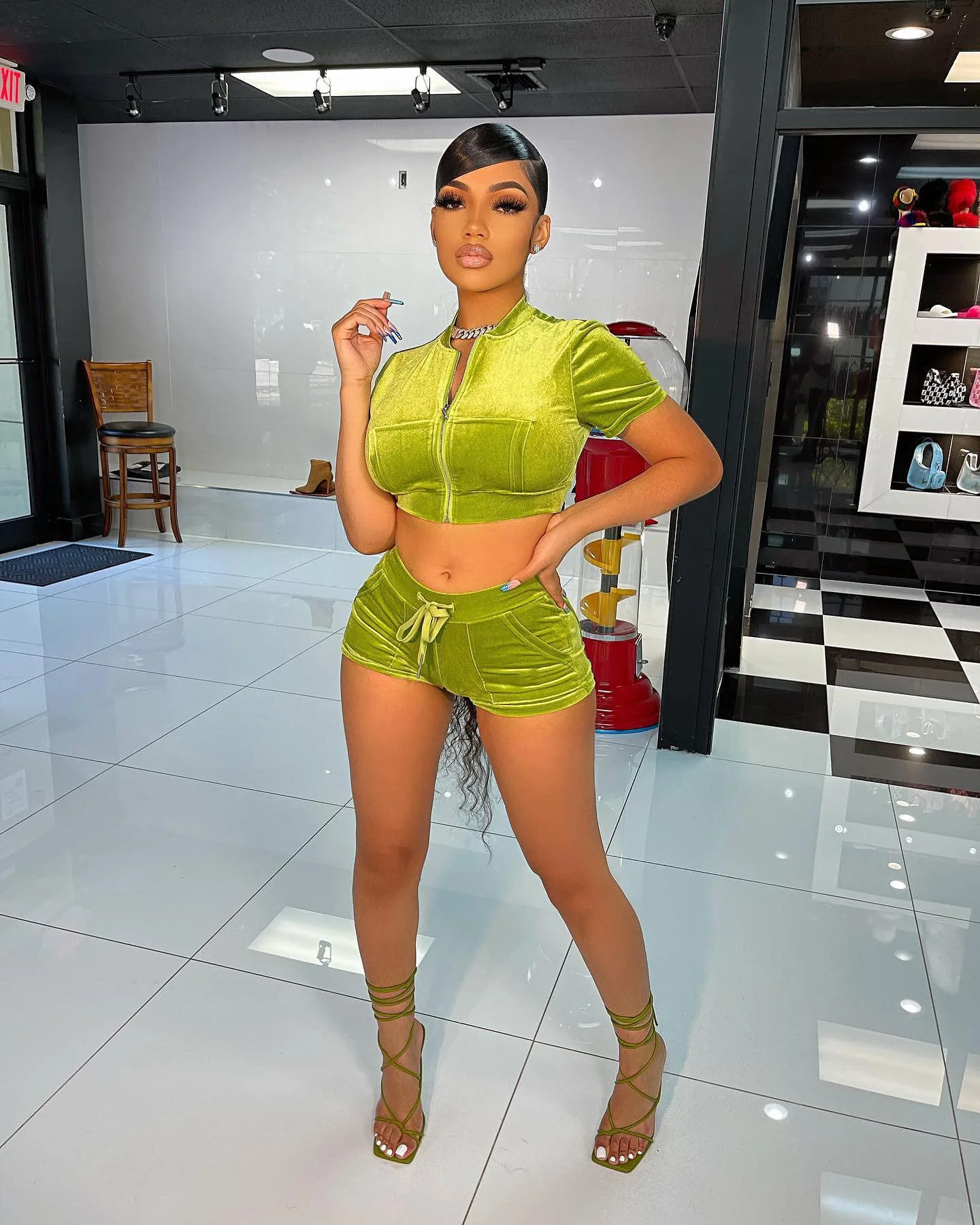 

Летний однотонный комплект из двух предметов, Женский лоскутный облегающий Повседневный бейсбольный костюм на молнии с коротким рукавом, ж...