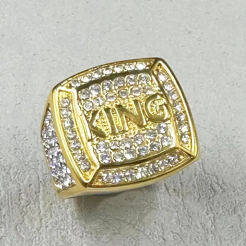 

Hip Hop full rhinestone 316L Stainless Steel Gold color King Finger Rings for Men Rapper party Jewelry