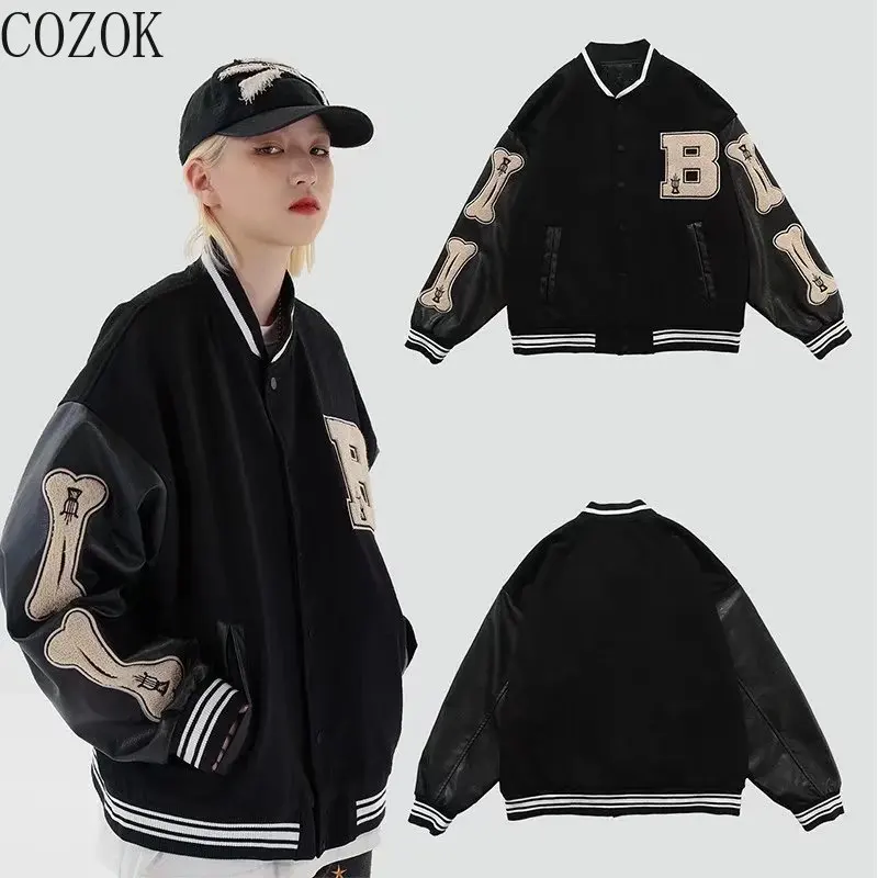 Autumn Hip Hop Embroidered Baseball  Coat Couple Street Loose PU Leather Stitching Jacket Leather Jacket Winter Jacket Women